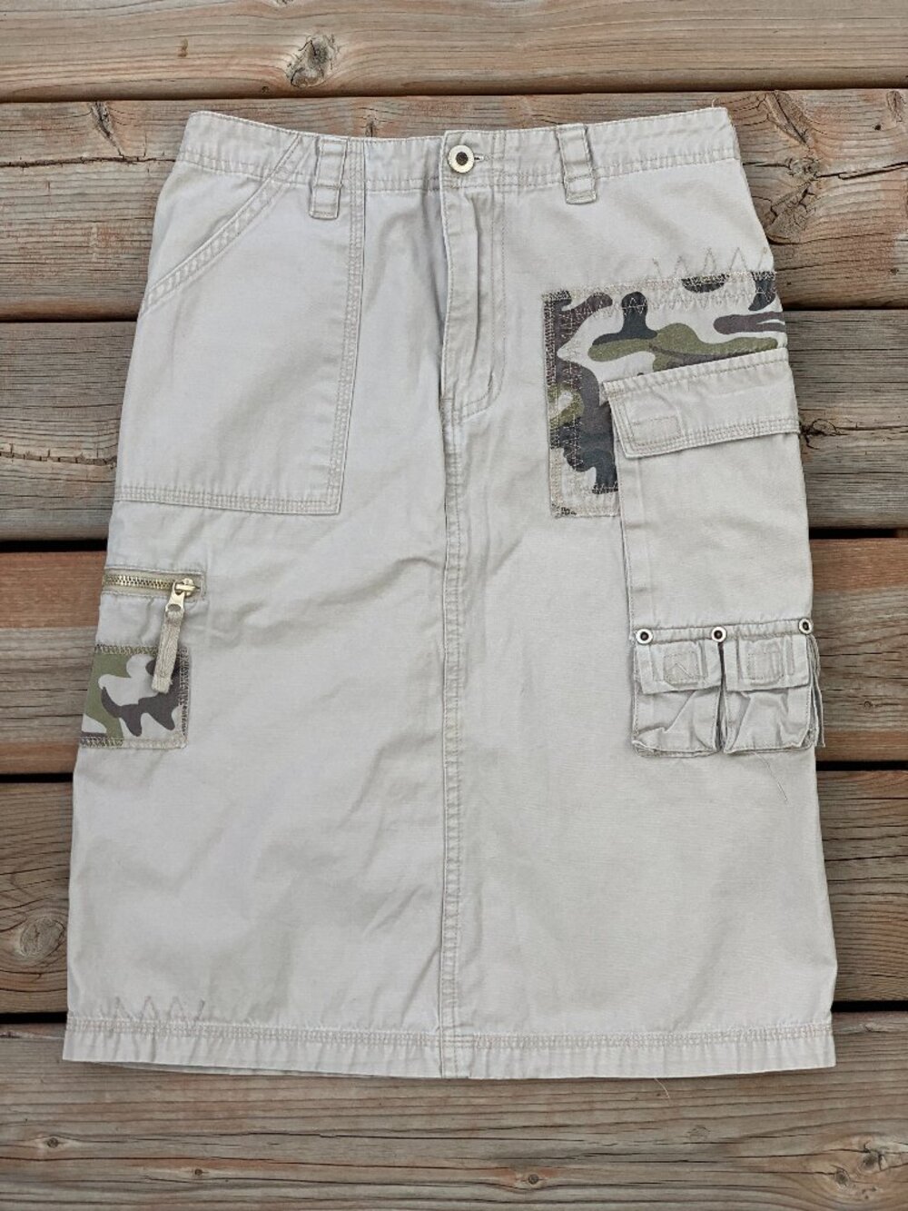 Vintage Y2K Cargo Skirt Juniors L Tan Khaki Camo Utility Midi Gorpcore Grunge